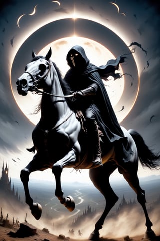 //quality
(((masterpiece))),best quality, full body portrait, solo horseman, grim reaper, skeletal, lich, deadman,
//Character
masterpiece, (((grim reaper on a flying_horse))), (riding through the sky), (((one arm raised holding a sword))), (((flying))), (((holding a sword overhead))), wearing rusted armor,  scraming, ((brightly glowing eyes)), riding a dead horse with barding,
//Fashion
black cloak, rusted armor, (((no helmet))), hand held energy cannon, 
//Background 
(((total solar eclipse))), distant mountains, distant ruined modern city, daytime sky,EpicSky,zkeleton,weapon over shoulder,more detail XL,realistic