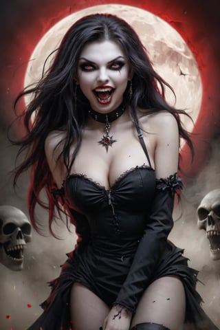 horror punk, Official Art, Unity 8K Wallpaper, Super Detailed, Beautiful and Aesthetic, Masterpiece, Top Quality, uncanny valley, vampiress, blowing wavy wild hair, perfect eyes, perfect face, perfect mouth, perfect teeth, perfect fangs, perfect hands, perfect fingers, flirtatious, pure evil, evil smile, wicked expression, sexy, sinister, widow maker, dark tatoos, witchcraft theme background, full body shot,  by Luis Royo, More Reasonable Details