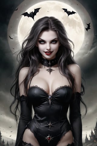 Official Art, Unity 8K Wallpaper, Super Detailed, Beautiful and Aesthetic, Masterpiece, Top Quality, uncanny valley, vampiress, blowing wavy wild hair, perfect eyes, perfect face, perfect mouth, perfect teeth, perfect hands, perfect fingers, flirtatious, pure evil, evil smile, wicked expression, sexy, sinister, widow maker, dark tatoos, witchcraft theme background, full body shot,  by Luis Royo, More Reasonable Details