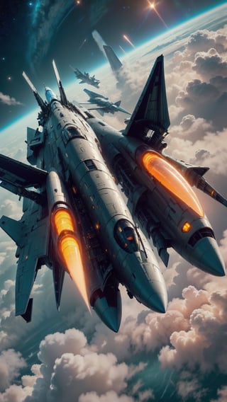 ((High resolution)),((high detailed)), photo realistic, masterpiece, official art, earth sky background,
photo, best quality, 8k resolution, Jet Fighter, Space Fighter jet,   multicolor Yellow red green Neon Light, cinematic lighting, dark studio, ,hydrotech
