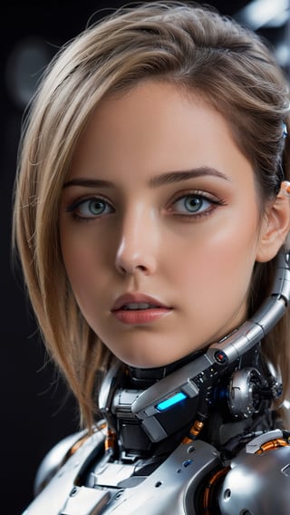 1 girl , cute girl, pretty eyes , Grey Pupils , calm blank face , open lips , Sci-fi, ultra high res, futuristic , {(little robot)}, {(solo)}, face close up , {(Pure Shadow black background ,spaceship wall interior background, Mecha parts)}