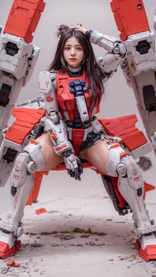 ((High resolution)),((high detailed)),cowboy shot, photorealistic, masterpiece, official art, crimson red and white background,raw photo, best quality, 1girl, character focus, 17 years old, ginger hair, long hair, two buns, resemble Asuka Langley, mecha, mechanical girl, red black exosuit, neon genesis evangalion, mechanical pilot suit, beautiful eyes, (delicate face), perfect detail, perfect feet, cinematic lighting, dark studio, ((hyper detailed face)),((hyper detailed eyes)),(((exposed thighs))),Gundam