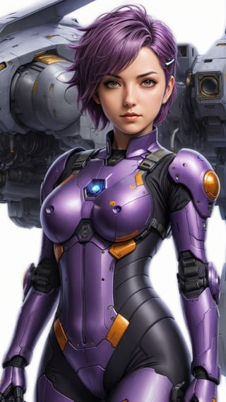 ultra detailed illustration, an adult woman with anime pilot plug suit, she has (grey eyes) and short purple hair, waist high shot, mecha pilot