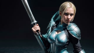 super sexy superheroines, centered, full body, | aqua hair color, light blue eyes, | super Sexy girl in full body platinum armor, armored thighs, pauldrons, wielding a sword | (simple background, black background:1.2),sophitia_whitedress_aiwaifu,cammy_green_bodysuit_aiwaifu