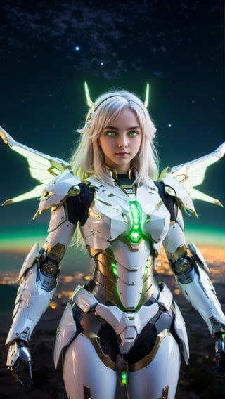 1girl, masterpiece, incredibly absurdres, glowing eyes, long hair, glow fairy wings, mecha headgear, best quality, mecha armor, white hair, green eyes, looking at viewer, center, standing, night sky, big planet, constellation background, from above