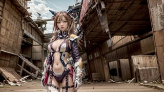 Super Sexy Superheroines, ultra-detailed, 
((High resolution)),((high detailed)), cowboy shot, photo realistic, masterpiece, official art, old city background,
raw photo, best quality, 8k resolution, 
sole_female, character focus, 24 years old, ginger hair, short hair, two buns, resemble  kasumi doa, samurai girl, white samurai armor suit, beautiful eyes, (delicate face), perfect detail, perfect feet, sexy legs, medium breast, nice boobs, lots of exposed skin, full body, holding big sword, prepare to fight, cleavage cutout, torn clothing, torn armor, ripped armor, damaged armor, dirty armor, wounded face, dirty face,
cinematic lighting, dark studio, ((hyper detailed face)),((hyper detailed eyes)),(((exposed thighs))),samurai musume,hijabsteampunk,mecha,mechanical,n0t