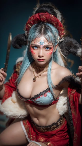 beautiful female Nordic ShieldMaiden, light blue eyes, shaman necklaces, with red face paint, (high detailed skin: 1.2), 8K, UHD, DSLR, soft lighting, high quality, film, full body, grain,FUJI,centerfold,NoirStyle,midjourney,