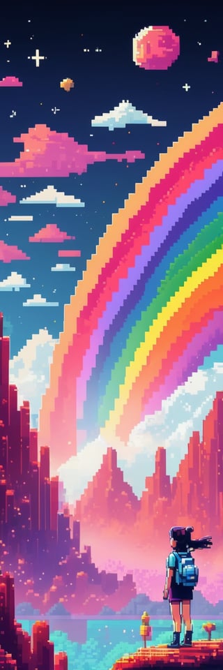 Pixel-Art Adventure featuring a Girl: and a Cat Pixelated girl character, vibrant 8-bit environment, reminiscent of classic games.,Leonardo Style 
((Standind on the moon))  (((Night Sky))) lava fountain mountains (((rainbow)))