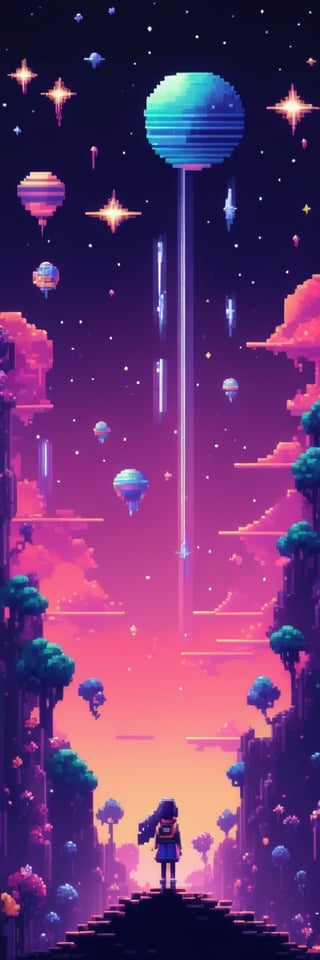 Pixel-Art Adventure featuring a Girl: Pixelated girl character, vibrant 8-bit environment, reminiscent of classic games.,Leonardo Style 
((Shooting Stars)) Planets (((Night Sky)))