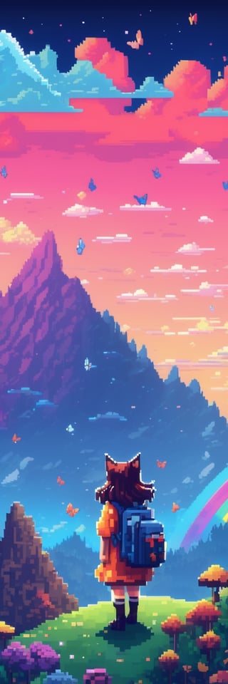 Pixel-Art Adventure featuring a Girl: and a Cat Pixelated girl character, vibrant 8-bit environment, reminiscent of classic games.,Leonardo Style 
((Standind on a mountain))  (((Night Sky))) butterflies blue clouds  (((rainbow)))