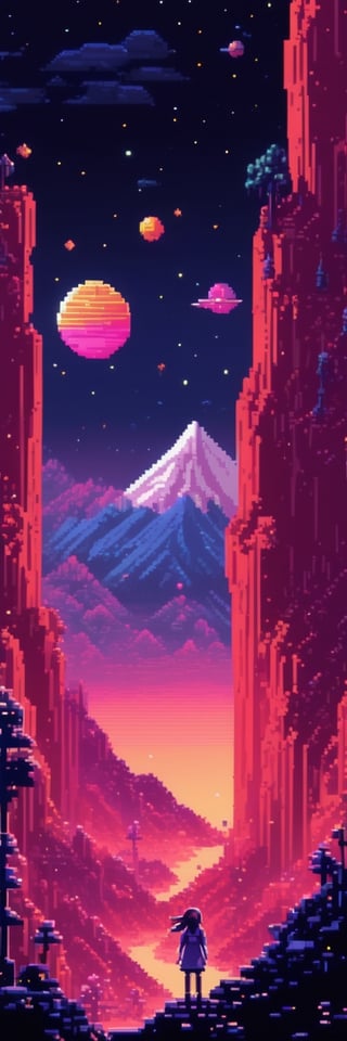 Pixel-Art Adventure featuring a Girl: and a Cat Pixelated girl character, vibrant 8-bit environment, reminiscent of classic games.,Leonardo Style 
((Shooting Star)) Planets (((Night Sky))) lava fountain mountains