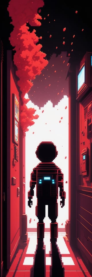 Pixel-Art Adventure featuring a boy: and a Robot Pixelated girl character, vibrant 8-bit environment, reminiscent of classic games.,Leonardo Style a shadowy figure in the hallway of a realistic spaceship. Explosion in the distance, red and black tint, technology on the walls, warning sirens going off, realism style