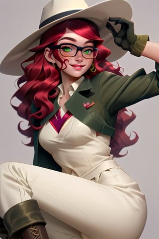 Beautiful white slim young woman with red clair wavy hair and 
freckles around her nose and cheeks with gree olive eyes dressing a fancy western clothes with green pants brown boots  gloves and western hat and white rolled up shirt with glasses with a little smile 