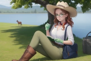 Beautiful white slim young woman with red-clair wavy hair and 
freckles around her nose and cheeks with green olive eyes dressing a fancy western clothes with  brown boots, green olive hat, green olive pants, green olive gloves and a white rolled up shirt with a little brown handkerchief around her neck wearing glasses and having old western bag hanging from her shoulder and little bags on her belt reading a book under a tree near a little lake while theres a gray-spotted horse near her grazing