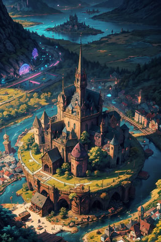 big town, from above view, fantasy world, anime style, river, forest, medieval town, small shops, near shops, backgound detail, perspective, detail architecture
