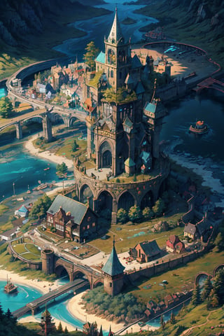 small town, from above view, fantasy world, anime style, river, forest, medieval town, small shops, near shops, backgound detail