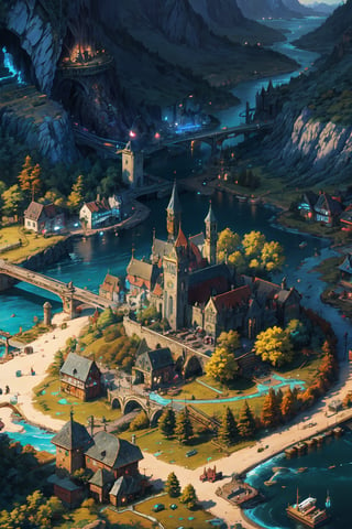 small town, from above view, fantasy world, anime style, river, forest, medieval town, small shops, near shops, backgound detail