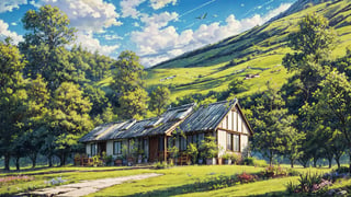 masterpiece, best quality, masterpiece, best quality,with a small house, single house, detail architect, Plant,Cloud,Sky,Ecoregion,Green,Natural landscape, above eye level, Vegetation,Highland, plant, birds, scenery, day time, trees, heavenly cloudy, lofi