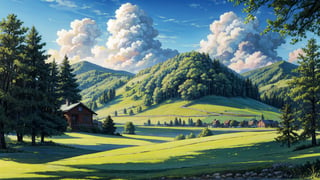 masterpiece, best quality, masterpiece, best quality,with a small house, single house, trees, forest, Cloud,Sky,Green,Natural landscape, day time, heavenly cloudy,
