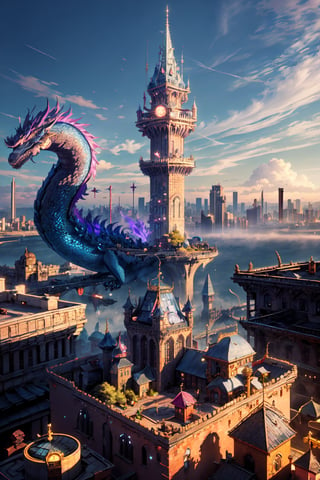 small city, city of dragons, from above view, fantasy world, 3d render, magic tower, day light, sunshine, day, small shops, magical beasts, few people in the streets, vally, backgound detail