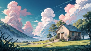 masterpiece, best quality, masterpiece, best quality,with a small house, single house, lofi style, Plant,Cloud,Sky,Ecoregion,Green,Natural landscape, above eye level, Vegetation,Highland, plant, birds, scenery, day time, trees, heavenly cloudy,vibrant colors, 