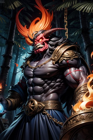 (Best quality:1.2),(masterpiece:1.3), (absurdres:1.0), (hyper-detailed:1.2), giants, one horn on the head, muscular, perfectly shaped body, multicolored fire hair, skull face, growing red eyes, angry, open mouth, chains adorn the wrists, wearing barbarian outfits, in a forest at night, magic circle of star-shaped fire, with orange and blue colors emphasized, In this realm, legends are born, and the story of the "Rise of the Giant Oni" unfolds, captivating the imagination and leaving a lasting impression on those who dare to enter the world of giants and magic.