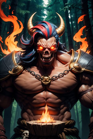 (Best quality:1.2),(masterpiece:1.3), (absurdres:1.0), (hyper-detailed:1.2), giants, one horn on the head, muscular, perfectly shaped body, multicolored fire hair, skull face, growing red eyes, angry, open mouth, chains adorn the wrists, wearing barbarian outfits, in a forest at night, magic circle of star-shaped fire, with orange and blue colors emphasized