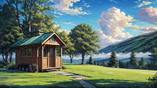 masterpiece, best quality, masterpiece, best quality,with a single house, beautiful tiny house, trees, forest, Cloud,Sky,Green,Natural landscape, day time, heavenly cloudy,