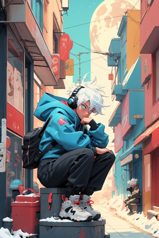 a cute guy walking down the street with headphone,arcane style, lofi, backpack, bag, blue pants, book, bookshelf, white hair, hood, hood down, hoodie, lofi style, long sleeves, moon, pants, planet, plant, potted plant, scenery, shelf, shooting star, short hair, sitting, sky, solo,sunset, television, window,Mechanical part,mecha,winterhanfu