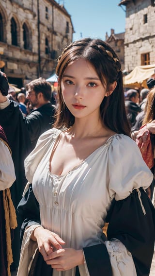 A medieval peasant girl in a crowded medieval marketplace, ultra high quality, real image, realistic, real-life skin, dynamic lighting, cinematic, (hyperrealism:1.2), (8K UHD:1.2), (photorealistic:1.2), shot with Canon EOS 5D Mark IV,FFIXBG,horror