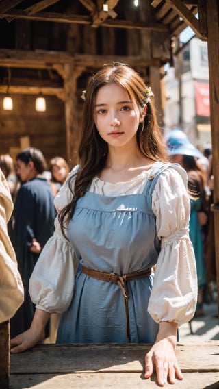 A medieval peasant girl in a crowded medieval marketplace, ultra high quality, real image, realistic, real-life skin, dynamic lighting, cinematic, (hyperrealism:1.2), (8K UHD:1.2), (photorealistic:1.2), shot with Canon EOS 5D Mark IV,FFIXBG,horror