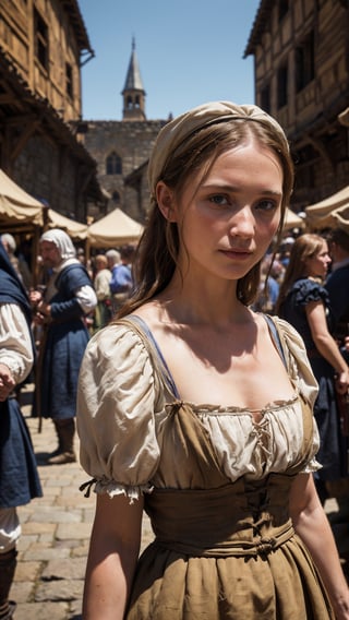 A medieval peasant girl in a crowded medieval marketplace, ultra high quality, real image, realistic, real-life skin, dynamic lighting, cinematic, (hyperrealism:1.2), (8K UHD:1.2), (photorealistic:1.2), shot with Canon EOS 5D Mark IV,FFIXBG,horror