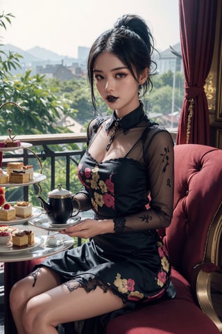 beautiful (goth:1.4) woman, edgVTD, (wearing edgVTD:1.4), dark floral print, collared dress, formal dress attire, perfect hair, ponytail, looking at viewer, teasing viewer, (afternoon tea:1.2), full body, (masterpiece),
,Indonesiadoll