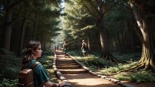 small group of adventurers exploring a forest, artistry illustration, (masterpiece), best quality, highres, 4k, 8k, Detailed Illustration, intricate detail, cinematic lighting, amazing quality, 1girl, fit female, amazing shading, soft lighting, facing camera, perfect eyes,FFIXBG