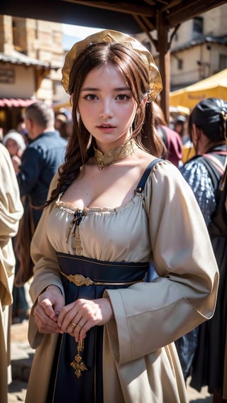 A medieval peasant girl in a crowded medieval marketplace, ultra high quality, real image, realistic, real-life skin, dynamic lighting, cinematic, (hyperrealism:1.2), (8K UHD:1.2), (photorealistic:1.2), shot with Canon EOS 5D Mark IV,FFIXBG,horror