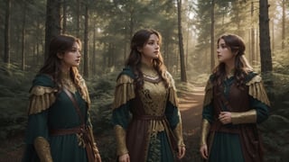 small group of adventurers exploring a forest, artistry illustration, (masterpiece), best quality, highres, 4k, 8k, Detailed Illustration, intricate detail, cinematic lighting, amazing quality, 1girl, fit female, amazing shading, soft lighting, facing camera, perfect eyes