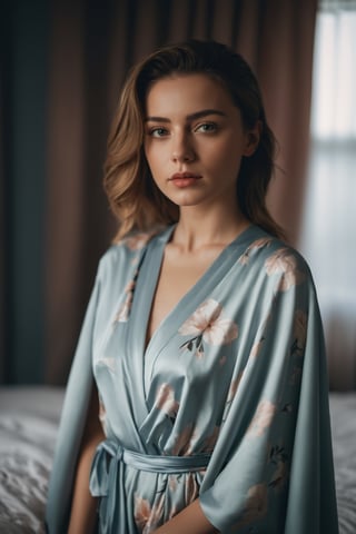 close portrait, 24 years old lady wears bed wrap dress in her bedroom, 30 style of Pinterest dress, artistic, cinematic mood, full shot , feminine