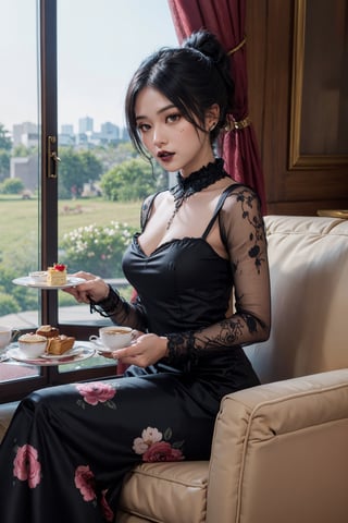 beautiful (goth:1.4) woman, edgVTD, (wearing edgVTD:1.4), dark floral print, collared dress, formal dress attire, perfect hair, ponytail, looking at viewer, teasing viewer, (afternoon tea:1.2), full body, (masterpiece),
,Indonesiadoll