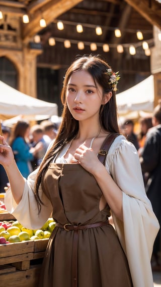 A medieval peasant girl in a crowded medieval marketplace, ultra high quality, real image, realistic, real-life skin, dynamic lighting, cinematic, (hyperrealism:1.2), (8K UHD:1.2), (photorealistic:1.2), shot with Canon EOS 5D Mark IV