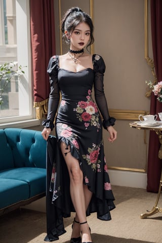 beautiful (goth:1.4) woman, edgVTD, (wearing edgVTD:1.4), dark floral print, collared dress, formal dress attire, perfect hair, ponytail, looking at viewer, teasing viewer, (afternoon tea:1.2), full body, (masterpiece),
,Indonesiadoll