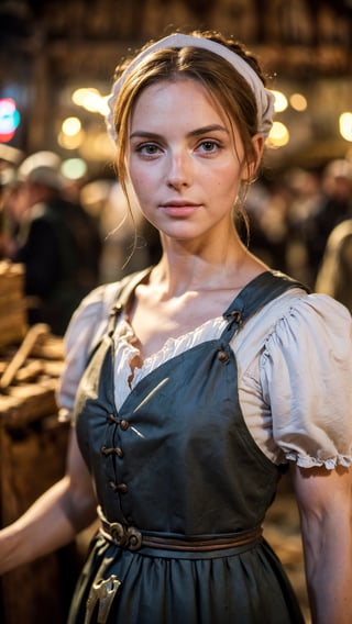 A medieval peasant girl in a crowded medieval marketplace, ultra high quality, real image, realistic, real-life skin, dynamic lighting, cinematic, (hyperrealism:1.2), (8K UHD:1.2), (photorealistic:1.2), shot with Canon EOS 5D Mark IV,FFIXBG,horror