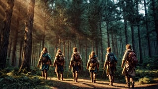 small group of adventurers exploring a forest, artistry illustration, (masterpiece), best quality, highres, 4k, 8k, Detailed Illustration, intricate detail, cinematic lighting, amazing quality, 1girl, fit female, amazing shading, soft lighting, facing camera, perfect eyes,FFIXBG,no_humans,EpicArt