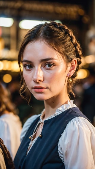 A medieval peasant girl in a crowded medieval marketplace, ultra high quality, real image, realistic, real-life skin, dynamic lighting, cinematic, (hyperrealism:1.2), (8K UHD:1.2), (photorealistic:1.2), shot with Canon EOS 5D Mark IV,FFIXBG,horror