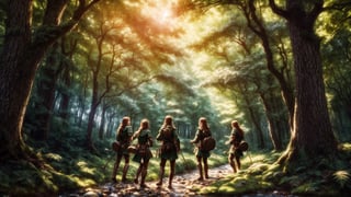 small group of adventurers exploring a forest, artistry illustration, (masterpiece), best quality, highres, 4k, 8k, Detailed Illustration, intricate detail, cinematic lighting, amazing quality, 1girl, fit female, amazing shading, soft lighting, facing camera, perfect eyes,FFIXBG,no_humans,EpicArt