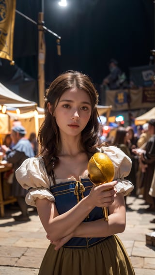 A medieval peasant girl in a crowded medieval marketplace, ultra high quality, real image, realistic, real-life skin, dynamic lighting, cinematic, (hyperrealism:1.2), (8K UHD:1.2), (photorealistic:1.2), shot with Canon EOS 5D Mark IV