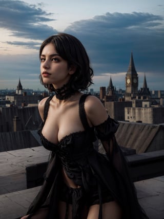 (masterpiece, best quality, ultra detailed, absurdres)1.5, 1girl, (sexy, beautiful woman, perfect face, perfect eyes, petite female body)1.5, (evieassa, gothic attire, gloves, short hair, black hair, ), (standing, on a rooftop, Victorian Era London in background, cloudy), perfect lighting, smooth, hdr
,edgCorset