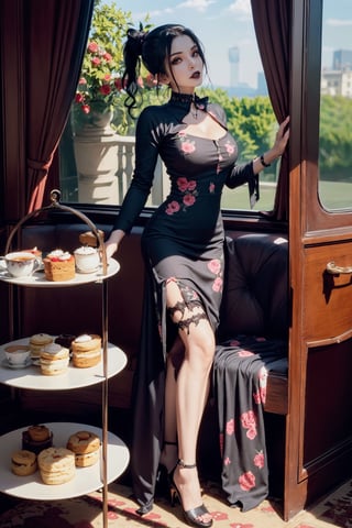 beautiful (goth:1.4) woman, edgVTD, (wearing edgVTD:1.4), dark floral print, collared dress, formal dress attire, perfect hair, ponytail, looking at viewer, teasing viewer, (afternoon tea:1.2), full body, (masterpiece),
