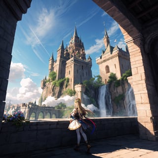 1girl with long blonde hair that flows in the gentle breeze and sparkling blue eyes that reflect the sky wearing a flower crown of roses and lilies stands on a balcony of a floating castle made of marble and gold. The castle is surrounded by a protective dome of light that shields it from the elements and enemies. The castle has many towers, windows, and balconies that offer a panoramic view of the sky. The castle is decorated with flags, banners, and statues that represent the history and glory of the kingdom. She looks at the horizon, where she sees other floating islands of various shapes and sizes with buildings, bridges, and gardens that showcase the advanced technology and culture of her civilization. One of the islands has a large waterfall that cascades from the edge into the clouds below, creating a misty rainbow. The sky is clear and bright, with a few fluffy clouds and colorful birds. The sun shines on her face, creating a warm glow that highlights her beauty. masterpiece, best quality, highly detailed, trending, scenery