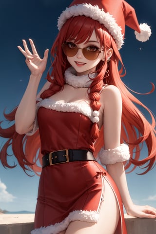 masterpiece, best quality, highly detailed, 8k, 1girl, petite, ginger long hair, glittering hazel eyes, {wearing red peplos dress with white accent, santa hat, solid sunglasses}, cool smile, (solo female)