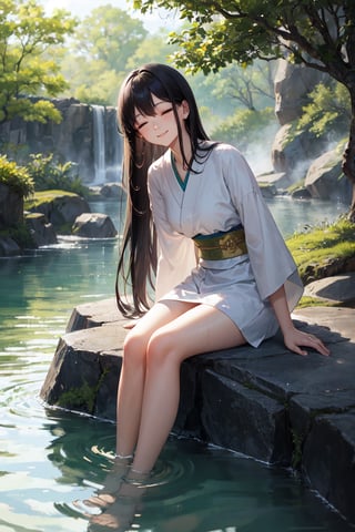 A serene Japanese-style hot spring scene: a young woman with long black hair and a gentle smile sits on a natural rock outcropping at the edge of a milky turquoise pool, surrounded by lush greenery and wispy steam. Soft golden light from above illuminates her relaxed pose, as she soaks in the warmth, closed eyes, and serene expression convey a sense of tranquility.